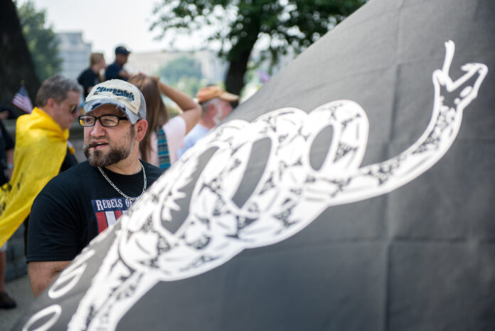 Bandeira de Gadsden, com uma serpente com o lema Não Pisar em Mim, símbolo dos libertários